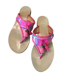Jack Rogers Alana Madras Plaid Pink Tassel Sandals